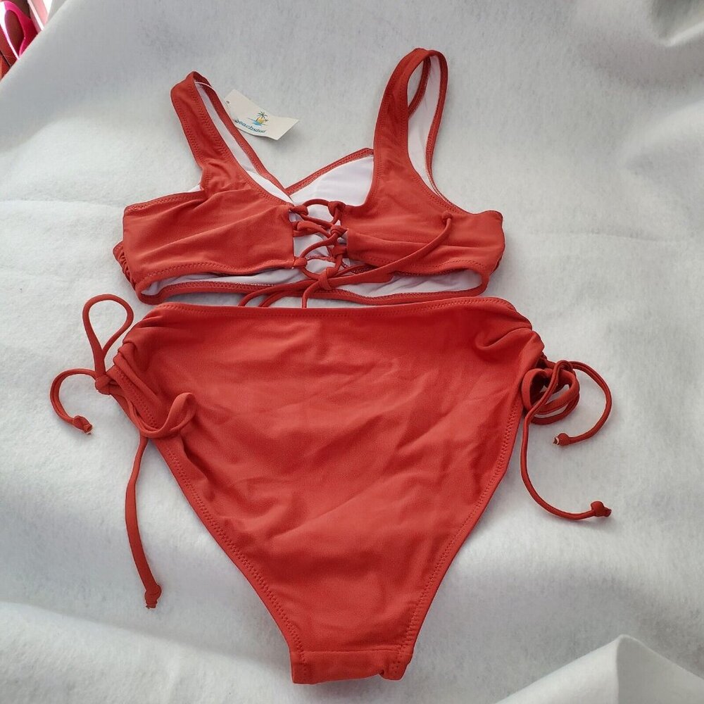 Beachsissi 2 Piece Swimsuit Burnt Orange Criss Cross Top Removable Pads Size S - Picture 2 of 12